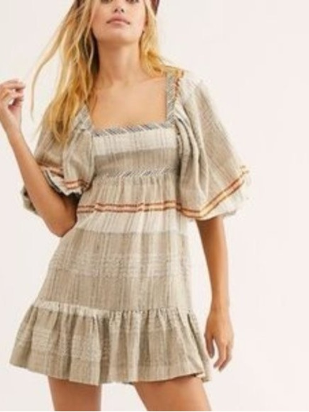 Free people mini dress cozy striped puff sleeve boho XS *DIFF COLOR THAN FP PIC*